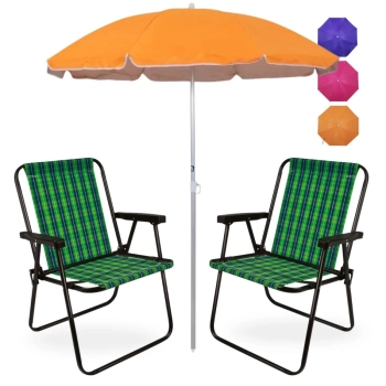 Kit 2 Cadeiras de Praia Xadrez Verde Oliva + Guarda Sol Colorido 1,60 Metros Parque Passeio