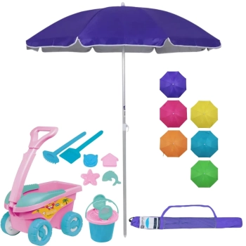 Kit Carrinho Brinquedo de Praia Areia Baldinho, Pazinhas e Forminhas Rosa + Guarda Sol 1,60m Aluminio Colorido