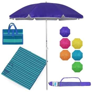 Kit Esteira de Praia Casal Azul 2,0 X 1,5 M+ Guarda Sol 1,60m Aluminio Colorido Passeio Parque