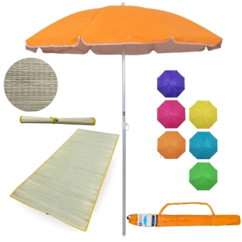 Kit Esteira de Praia 1,80m Amarela de Palha + Guarda Sol 1,60m Aluminio Colorido Passeio Parque