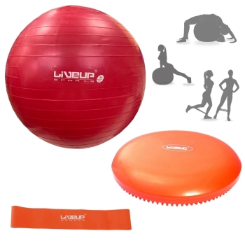 Kit Bola Premium Pilates Vermelha 45 Cm + Disco de Equilbrio + Faixa Elastica Leve + Bomba Inflar