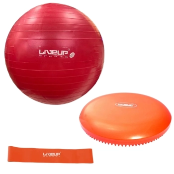 Kit Bola Premium Pilates Vermelha 45 Cm + Disco de Equilbrio + Faixa Elastica Leve + Bomba Inflar