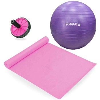 Kit Bola Premium Yoga Roxa 55 Cm + Colchonete 1,73 M + Rodinha Abdominal Rosa + Bomba Inflar Treino