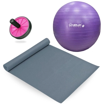 Kit Bola Sua Pilates Roxa 55 Cm + Colchonete 1,73 M + Rodinha Rosa Abdominal + Bomba Inflar Treino