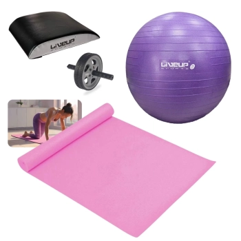 Kit Exercicios Bola Yoga Roxa 55 Cm + Tapete 1,73m + Rodinha Abdominal + Apoio Lombar + Bomba Inflar