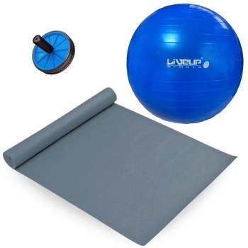Kit Bola Premium Azul 65 Cm Pilates + Colchonete 1,73 M + Bomba Inflar + Rodinha Abdominal Treino