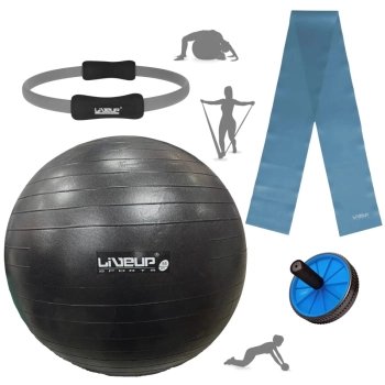 Kit Bola Yoga Preta 65 Cm+ Anel Fortalecedor+ Bomba Inflar + Faixa Elstica Forte+ Rodinha Abdominal