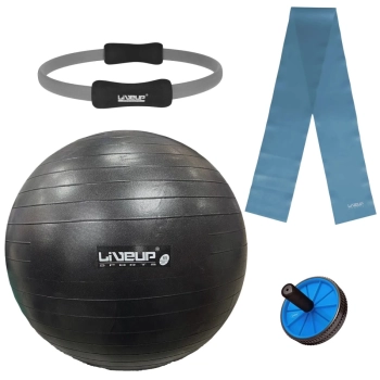 Kit Bola Yoga Preta 65 Cm+ Anel Fortalecedor+ Bomba Inflar + Faixa Elstica Forte+ Rodinha Abdominal