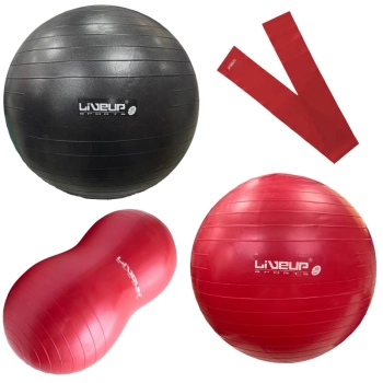 Kit Bolas Pilates Vermelha 45 Cm + Preta 65 Cm + Feijao 100 Cm + Bomba Inflar + Faixa Elastica Leve