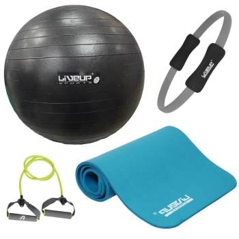 Kit Bola Pilates Preta 65cm+ Tapete 1,80m+ Anel Fortalecedor + Extensor Elstico Media+ Bomba Inflar