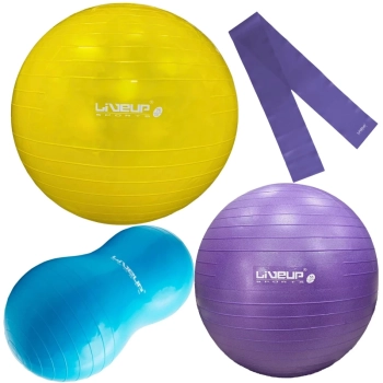 Kit Bolas Pilates Roxa 55cm + Amarela 75cm+ Feijo 90cm + Bomba Inflar + Faixa Elstica Media Treino