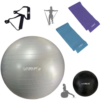 Kit Bola Pilates Cinza 85cm+ Faixas Elsticas 2 Tenses+ Puxador+ Overball 25cm+ Bomba Inflar Treino