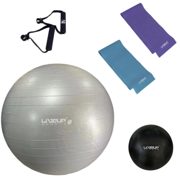 Kit Bola Pilates Cinza 85cm+ Faixas Elsticas 2 Tenses+ Puxador+ Overball 25cm+ Bomba Inflar Treino