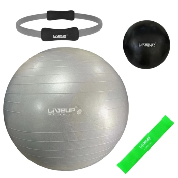 Kit Bola Premium Cinza 85cm + Bomba Inflar + Anel Fortalecedor+ Overball 25cm + Mini Band Media Yoga