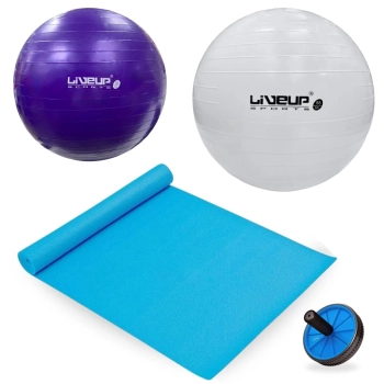 Kit Bolas Suas Branca 65cm + Roxa 55cm + Rodinha Abdominal Azul+ Colchonete 1,73 M Academia Treino