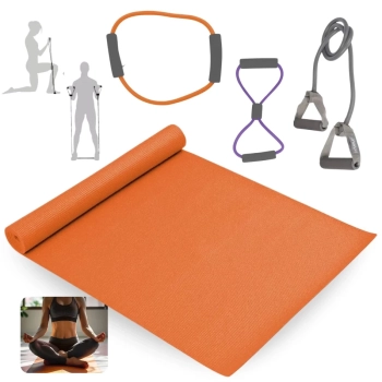 Kit Colchonete para Yoga Laranja 1,73m + 3 Extensores Elsticos Tenso Leve, Media e Forte Treino