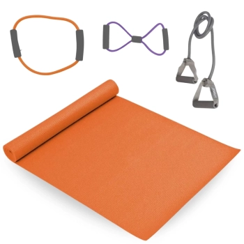Kit Colchonete para Yoga Laranja 1,73m + 3 Extensores Elsticos Tenso Leve, Media e Forte Treino