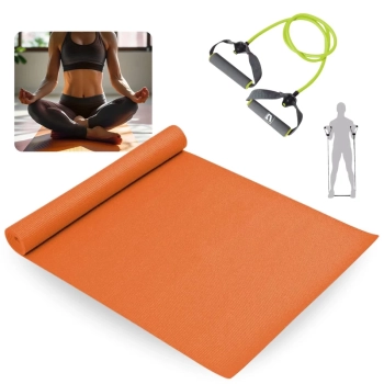 Kit Colchonete Tapete Yoga Pilates Laranja 1,73m + Extensor Elastico Tenso Media Treino Exercicio