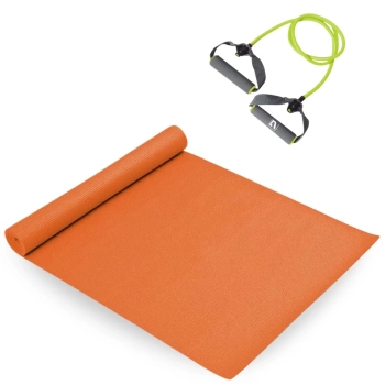 Kit Colchonete Tapete Yoga Pilates Laranja 1,73m + Extensor Elastico Tenso Media Treino Exercicio