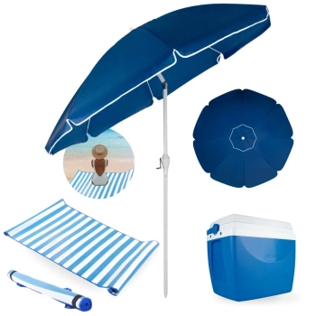 Kit Guarda-sol Articulado 2,50 M com Manivela + Esteira Praia + Caixa Trmica 34 L Piscina e Jardim
