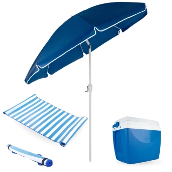Kit Guarda-sol Articulado 2,50 M com Manivela + Esteira Praia + Caixa Trmica 34 L Piscina e Jardim