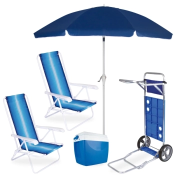 Kit Guarda-sol Articulado 2,50 M Manivela + 2 Cadeiras Praia + Carrinho Avano + Coller 18 L Piscina