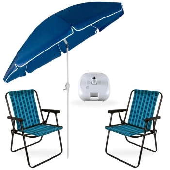 Kit Guarda-sol Articulado 2,50 M com Manivela + 2 Cadeiras de Praia + Base Plastica Piscina e Jardim