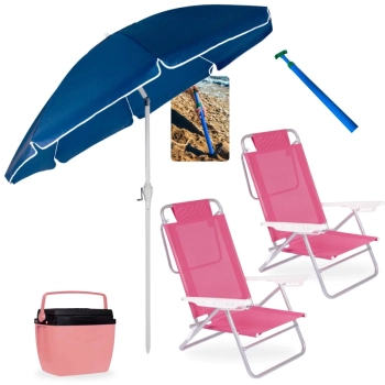 Kit Guarda Sol Articulado 2,50m + 2 Cadeiras Praia Reclinvel + Caixa Trmica 18l Parque+ Saca Areia