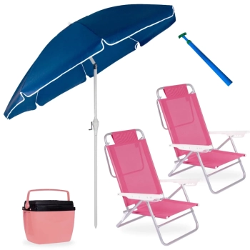 Kit Guarda Sol Articulado 2,50m + 2 Cadeiras Praia Reclinvel + Caixa Trmica 18l Parque+ Saca Areia