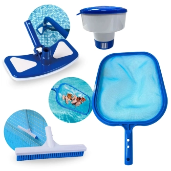 Kit Limpeza de Piscinas com Peneira + Aspirador Asa Delta + Clorador Flutuador + Escova Reta