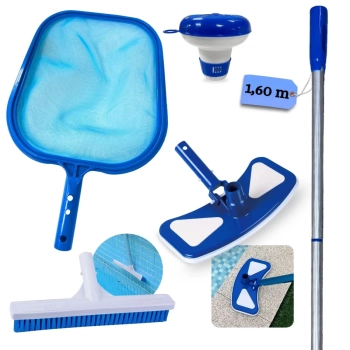 Kit Limpeza de Piscina Haste Alumnio 1,60 M + Aspirador + Escova Reta + Peneira + Mini Clorador