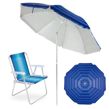 Kit Cadeira de Praia Alta em Alum�nio + Guarda Sol 2,40 M Listrado Articulado Fps 100