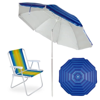 Kit Cadeira de Praia Alta em Alum�nio + Guarda Sol 2,40 M Listrado Articulado Fps 100