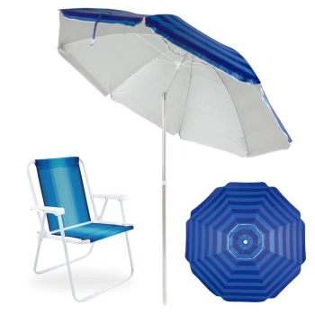 Kit Cadeira de Praia Alta em A�o + Guarda Sol 2,40 M Listrado Articulado Fps 100