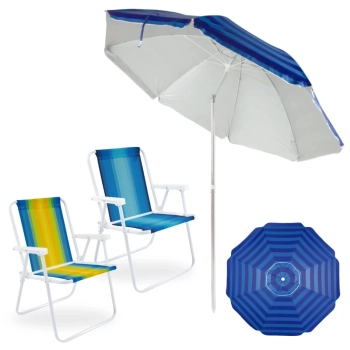 Kit 2 Cadeiras de Praia Alta em A�o Coloridas + Guarda Sol 2,40 M Listrado Articulado Fps 100