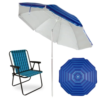 Kit Cadeira de Praia em A�o Xadrez Marine + Guarda Sol 2,40 M Listrado Articulado Fps 100