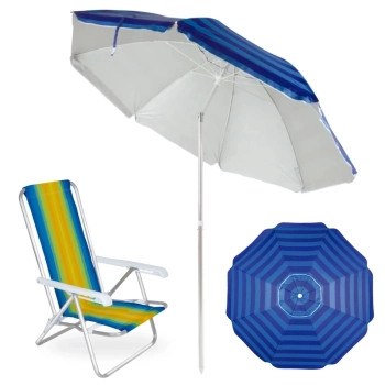 Kit Cadeira de Praia Alum�nio 4 Posi��es + Guarda Sol 2,40 M Listrado Articulado Fps 100