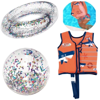 Kit Colete Infantil Laranja Tamanho M/G + Bola e Boia Inflvel com Glitter
