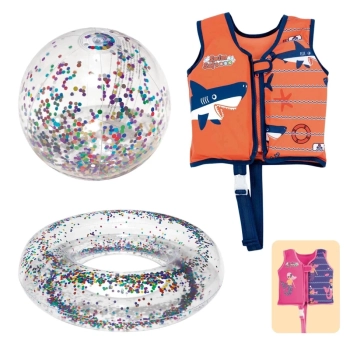 Kit Colete Infantil Tam M/G Regata Natao + Bola 25 Cm e Boia Inflvel com Glitter Praia Piscina