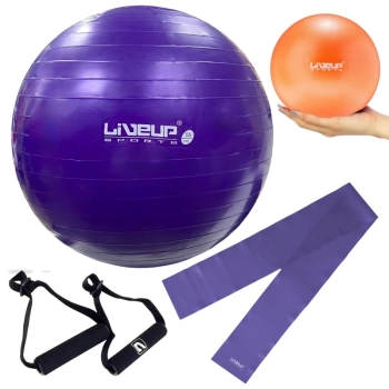 Kit Pilates Bola Sua 55cm + Faixa Elstica Mdia + Overball 25cm + Par Pegadores Yoga Treino