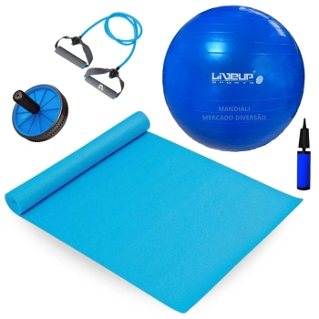 Kit Colchonete Tapete Yoga + Bola de Pilates 65 Cm + Roda Abdominal + Extensor Forte + Mini Bomba