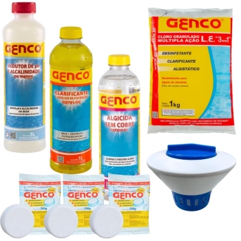 Kit Flutuador Grande + Redutor de Ph + Clarificante + Algicida + Cloro Granulado 1 Kg + 3 Pastilhas