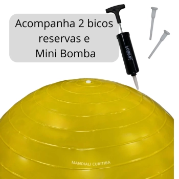 Bola Suia de Pilates Premium Anti Estouro 75 Cm Amarela + Mini Bomba Treino Academia Yoga Exercicios
